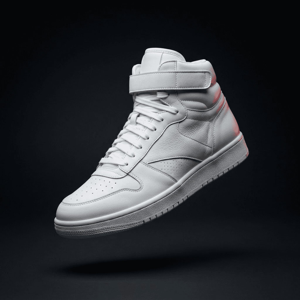 Freshly cleaned premium white sneaker on a dark studio background
