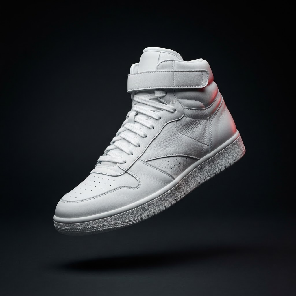 Freshly cleaned premium white sneaker on a dark studio background